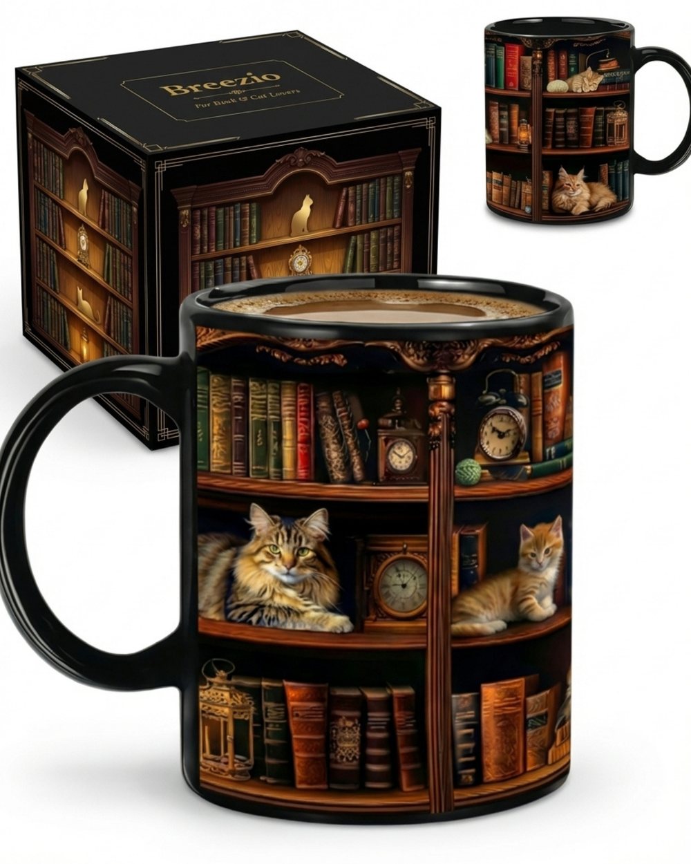 Tasse mit Bücherregal-Motiv in Geschenkbox